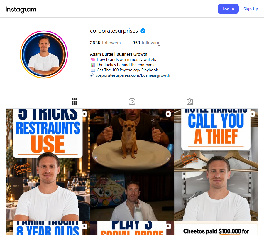 Screenshot of Adam’s Corporate Surprises Instagram profile